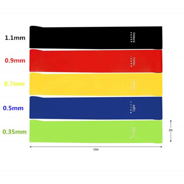 Fünf aufgerollte Widerstandsbänder in unterschiedlichen Farben: schwarz, rot, gelb, blau, grün
