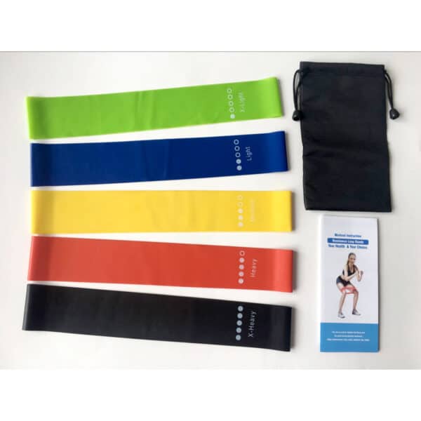 Fünf aufgerollte Widerstandsbänder in unterschiedlichen Farben: schwarz, rot, gelb, blau, grün mit Beutel und Anleitung