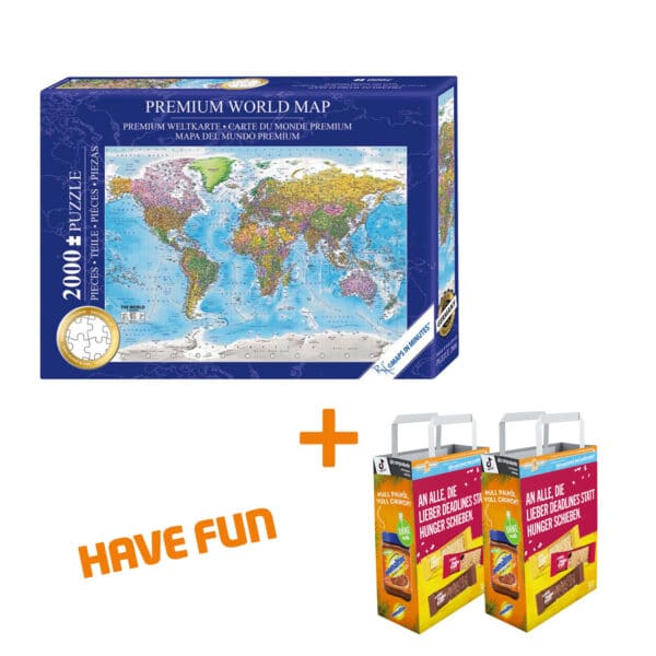 Verpackung des 2000 Teile Puzzles mit Weltkarte; darunter zwei Campus-Tüten